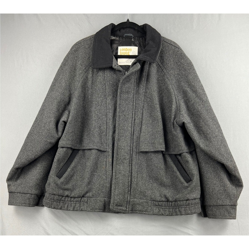 London Towne Jacket Mens L Wool Blend Bomber Charcoal Gray Quilted Lining Good